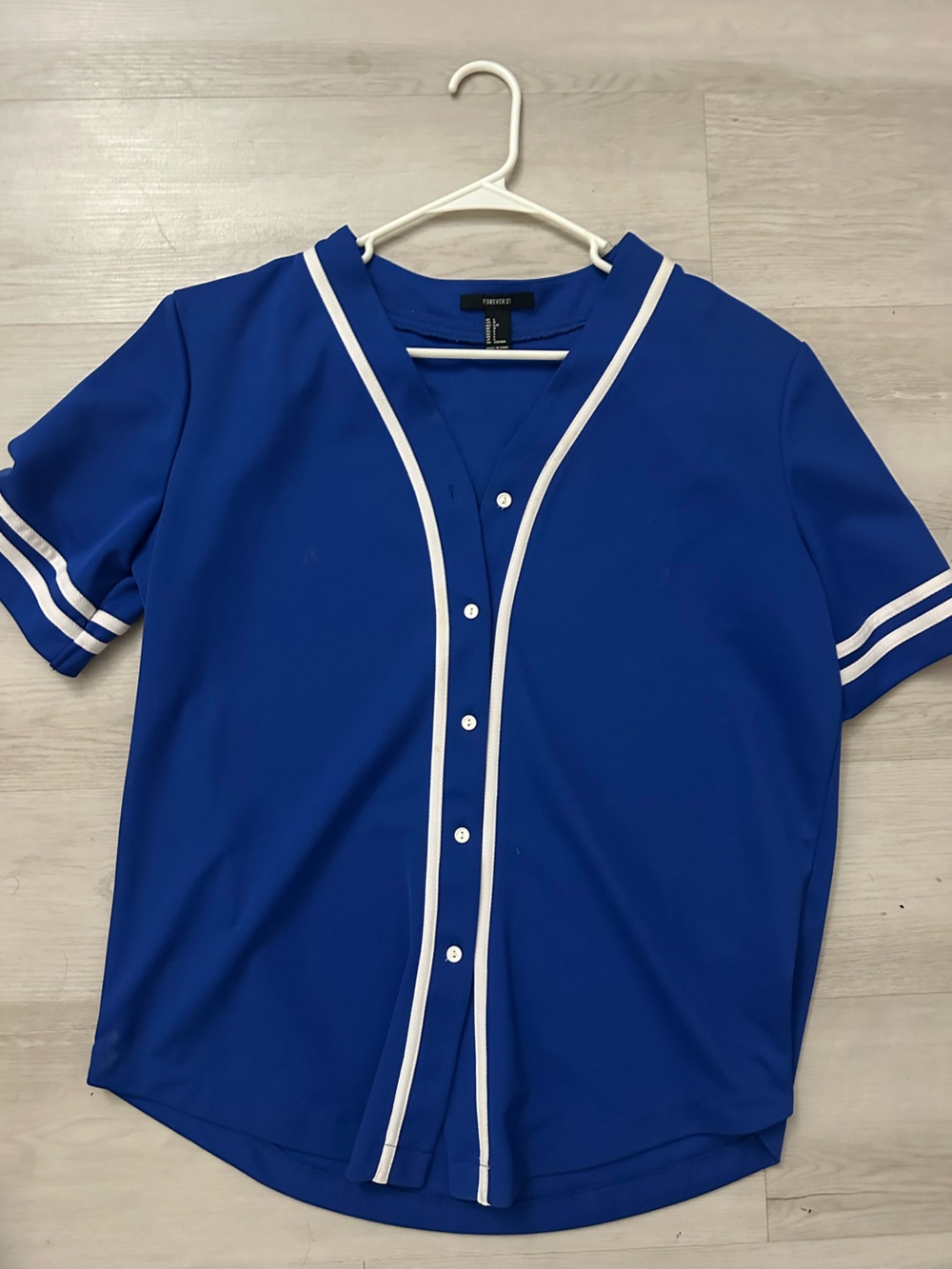 Forever 21 Royal Blue Baseball-Style Button Top with White Trim